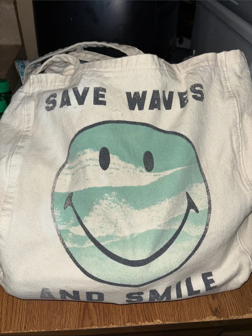 American Eagle Outfitters Cream Canvas Tote with Mint Green Smiley Print